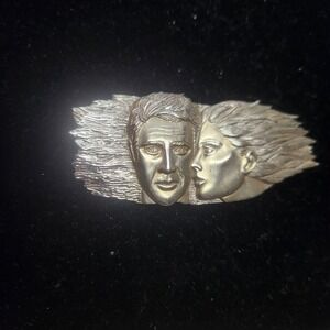 Vintage JJ Jonette 1988 Brooch pin Art Deco style Silver tone  woman whispering
